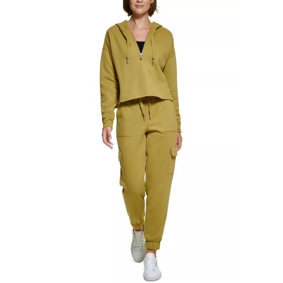 CALVIN KLEIN PERFORMANCE Half-Zip Hoodie XS Olive Green Crop Sweatshirt NWOT - Picture 2 of 10